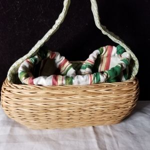 Natural Wicker Rattan Striped Lined Drawstring Contrast Handle Basket Purse